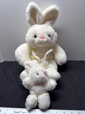 Vintage Chosun Large Plush White Bunny With Baby Bunny Floral Pouch Soft & Cuddl